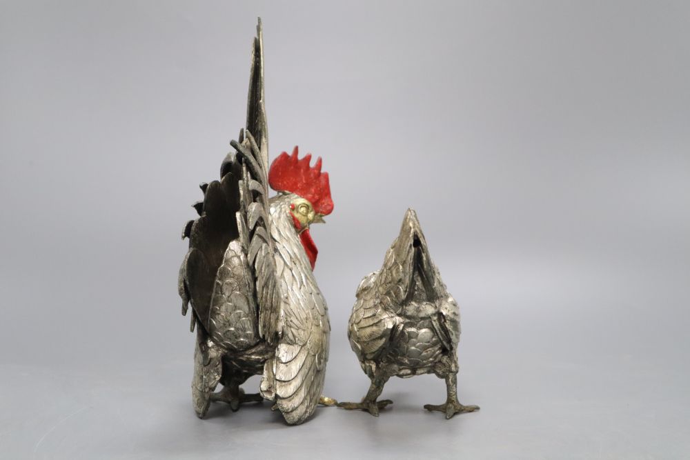 A pair of Japanese patinated metal chickens